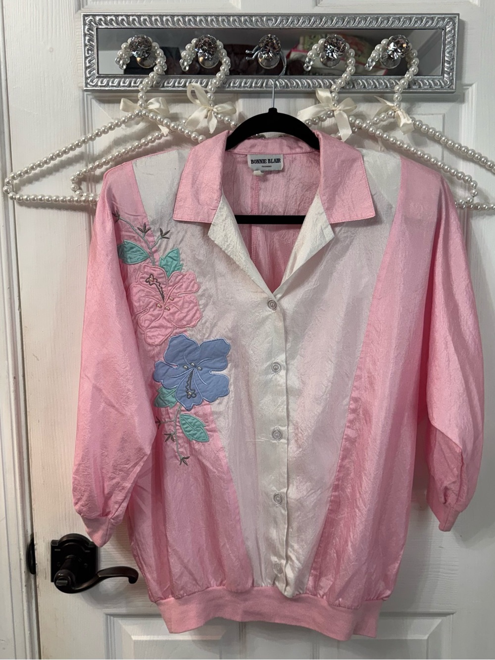 Vintage Girly Silky Pink Floral Button-Up Blouse